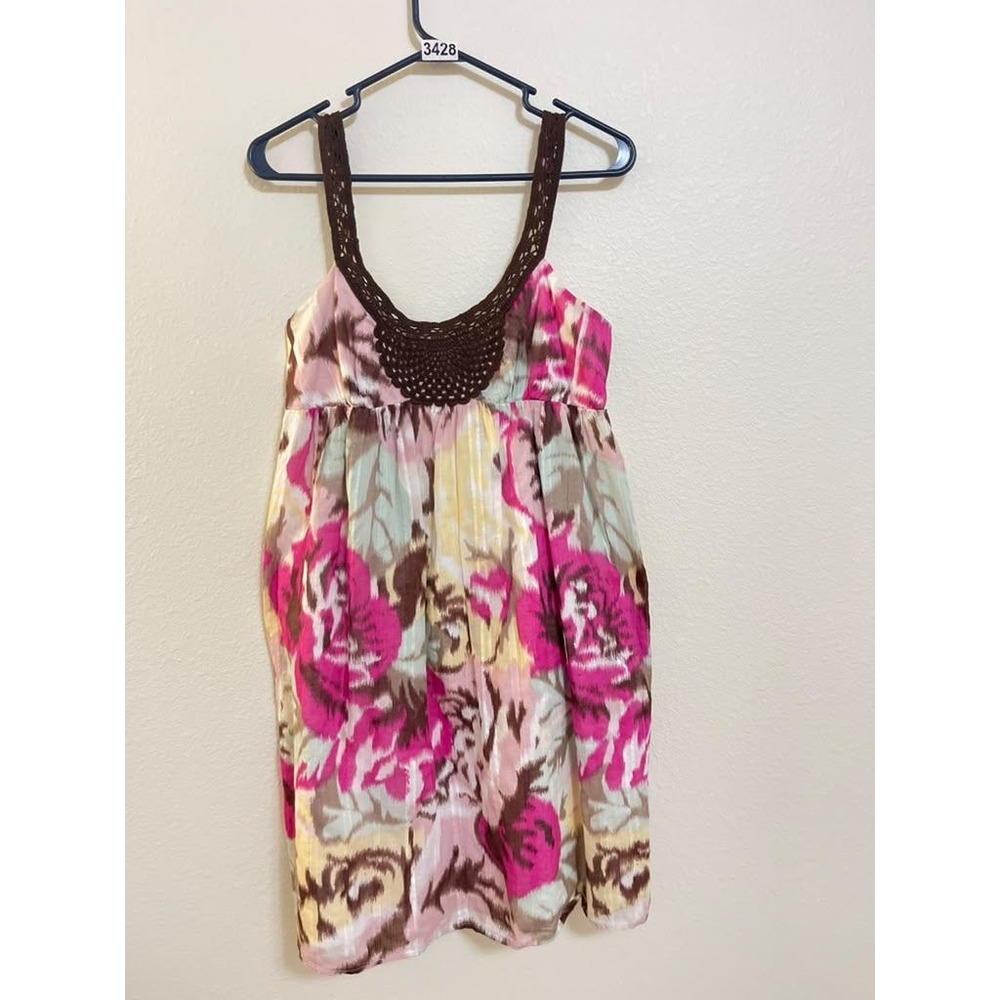 BCBG Paris Women Pink Floral Ikat Babydoll Mini Dress Crochet Trim Cotton Size 8